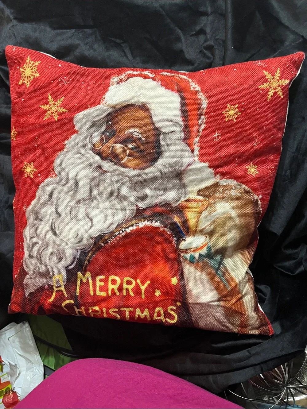 Black Santa Christmas Pillow Cover 17” Red Gold African American Holiday Decor
